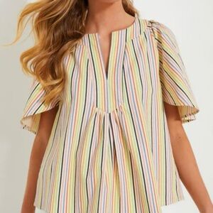 Tuckernuck Pomander Place Rainbow Stripe Finley Flutter Sleeve Top XL
